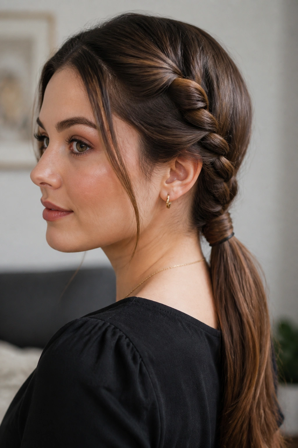 Close-up of a real woman with a rope-braid low ponytail