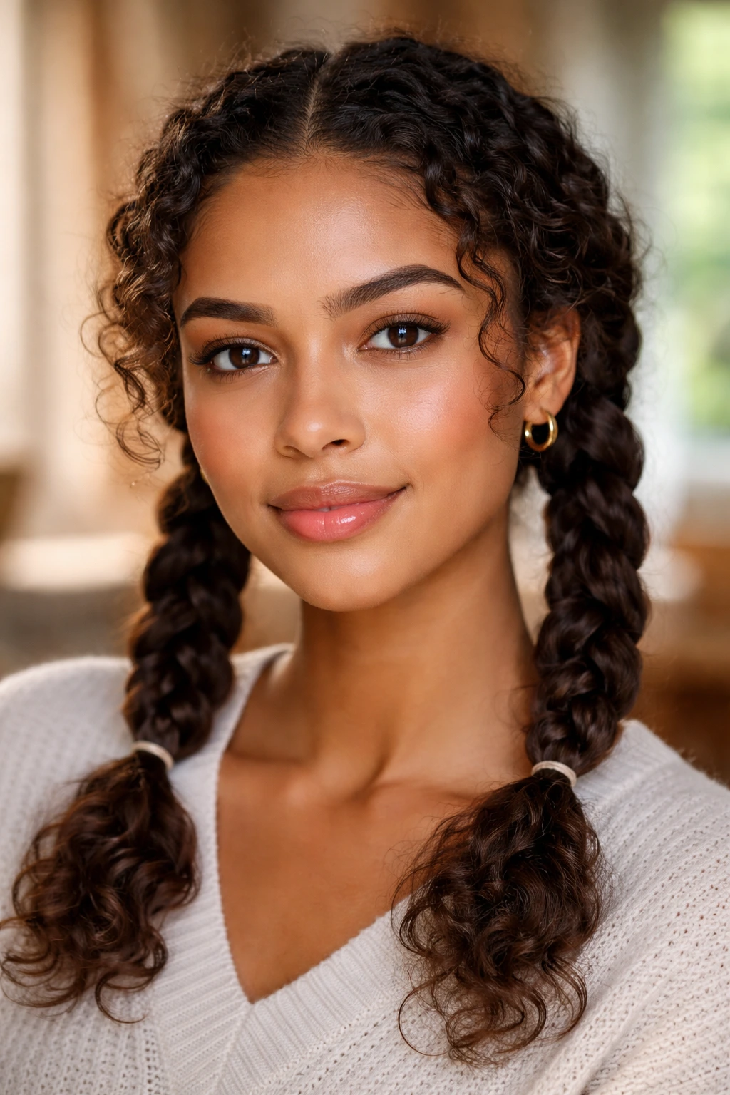 Portrait of a real person with rope braid pigtails.