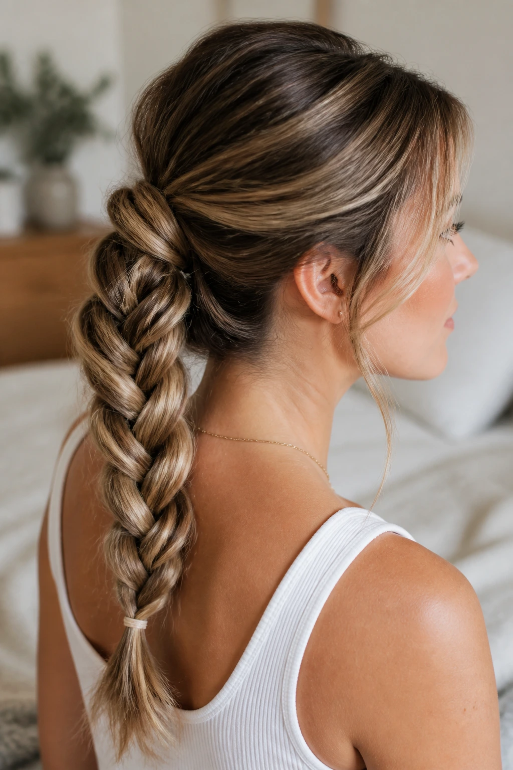 Real woman with a two-strand rope braid pony secured with a clear elastic
