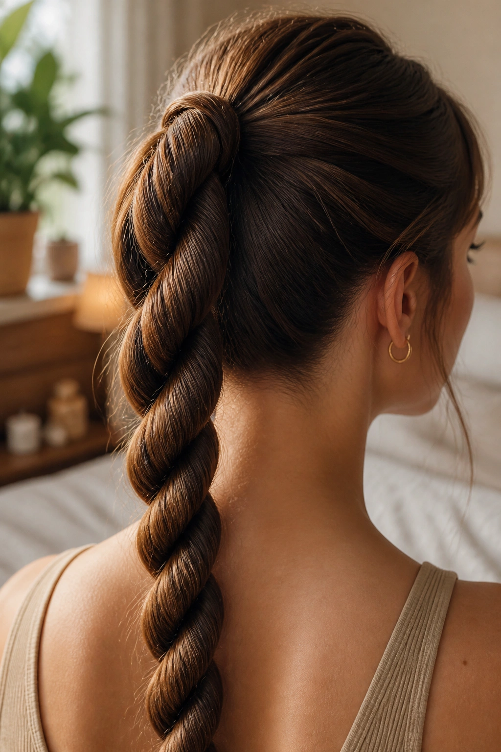 Close-up of a real woman's rope-braid ponytail in a softly lit bedroom