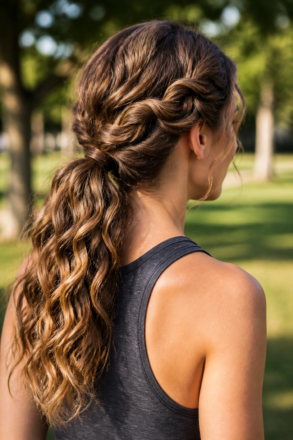 Rear view of a real woman with a rope-braid ponytail