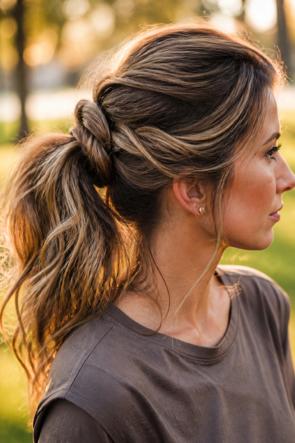 Close-up of a rope-braid messy ponytail on a real person