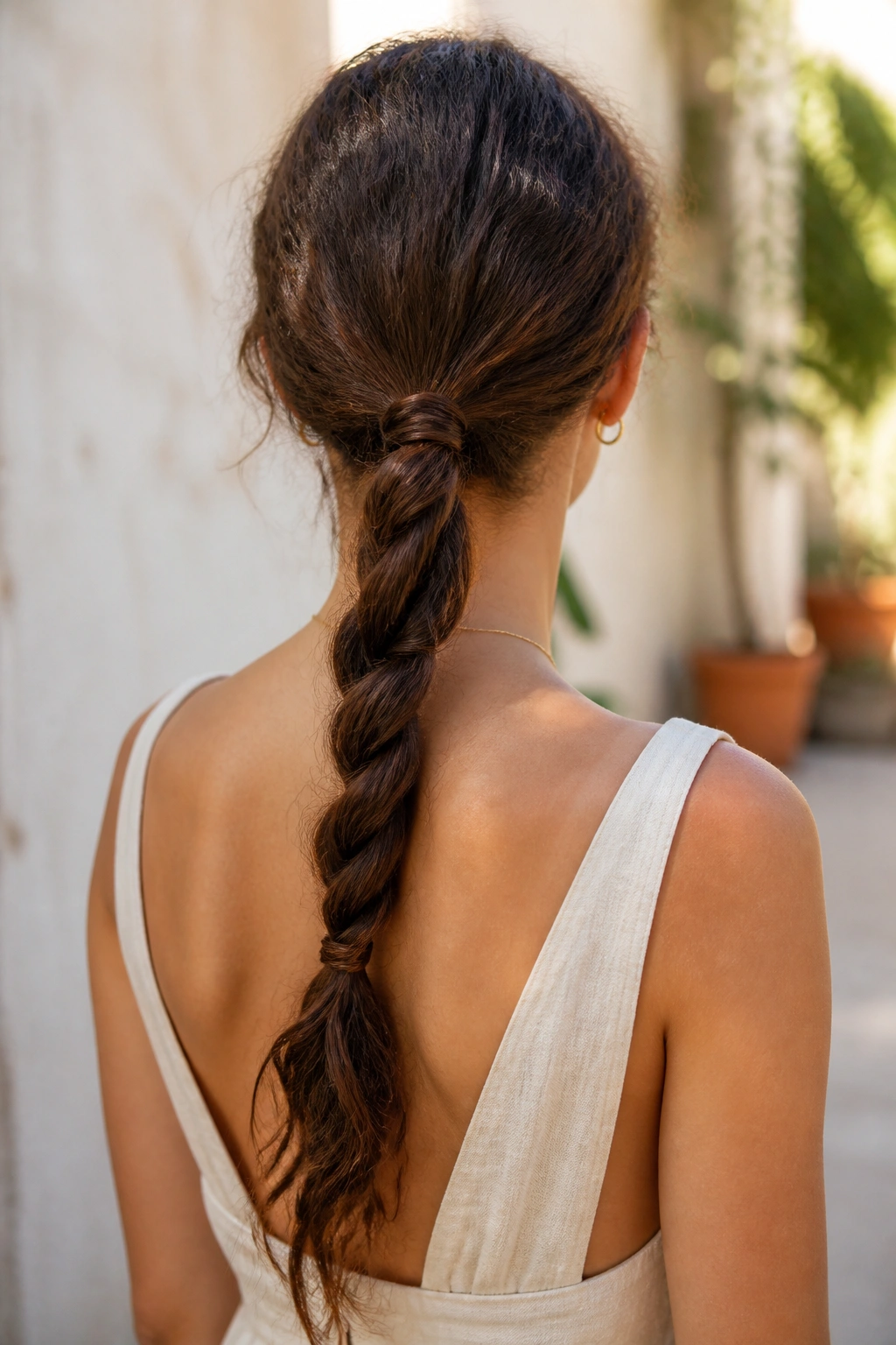 Back view of a woman with a rope twist ponytail showing the spiral braid