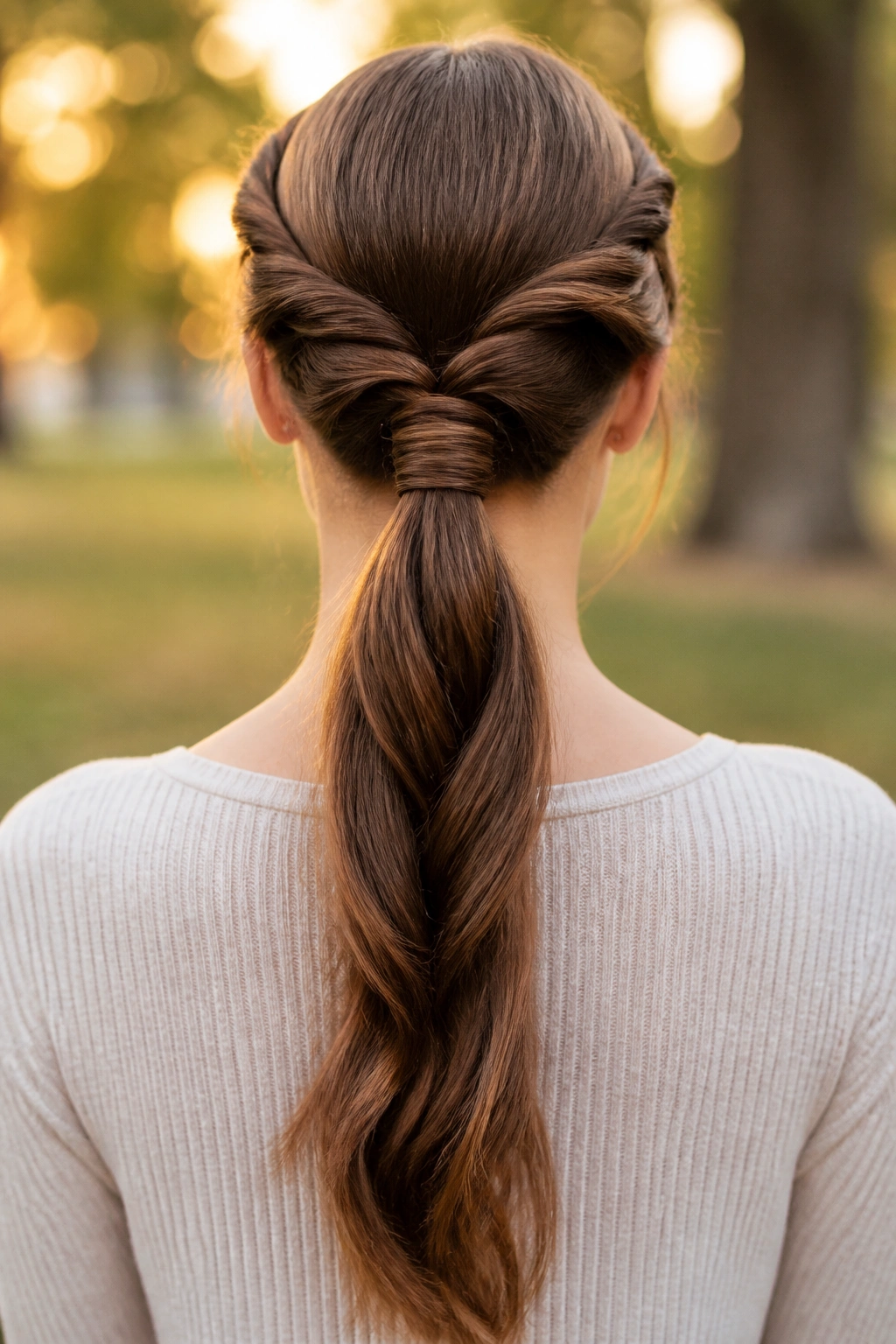 Back view of woman with a rope braid ponytail.