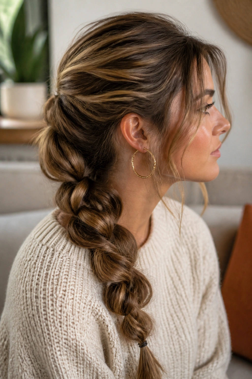 Close-up of a real woman with rope braid ponytail and soft pulls in a cozy setting.