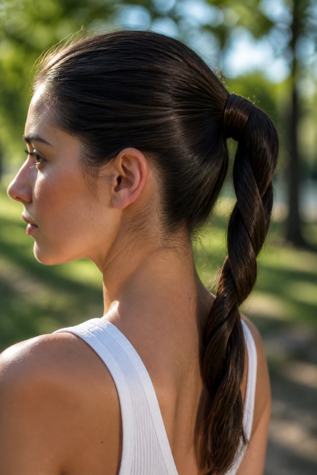 Close-up of a real woman showing a rope braid ponytail with twisted strands forming a neat ponytail.