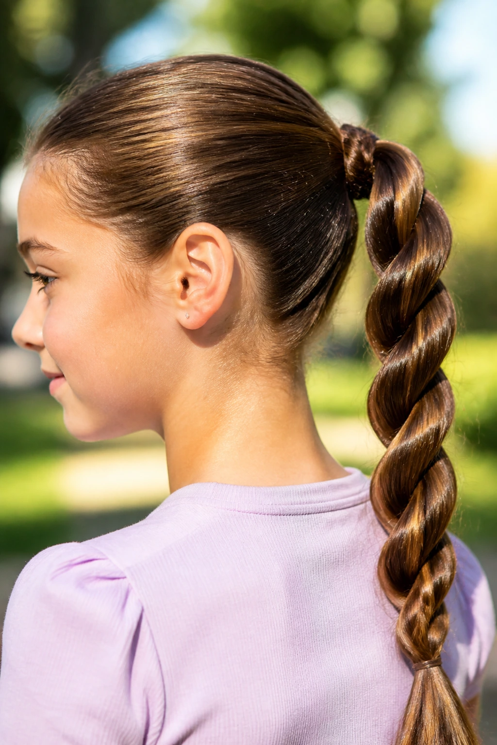Side view of girl with rope braid ponytail in sunny park