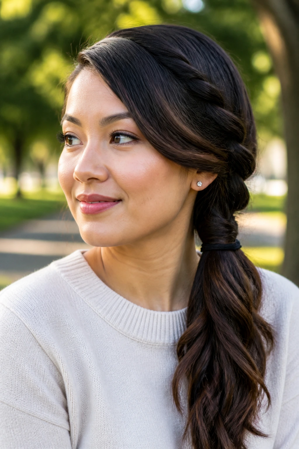 Real woman with a rope braid side ponytail along the face
