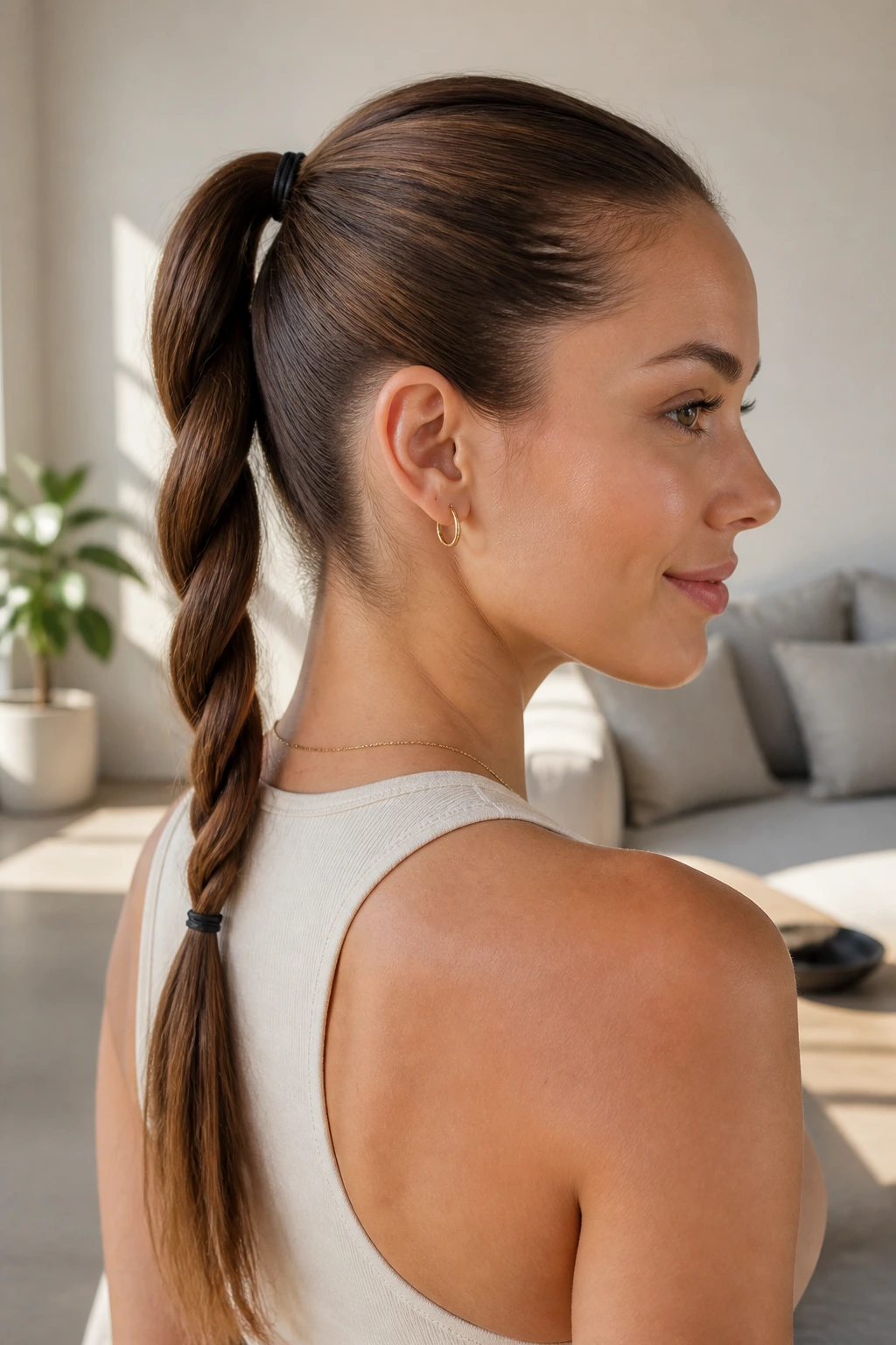 Close-up portrait of a real person with a rope braid ponytail on straight hair