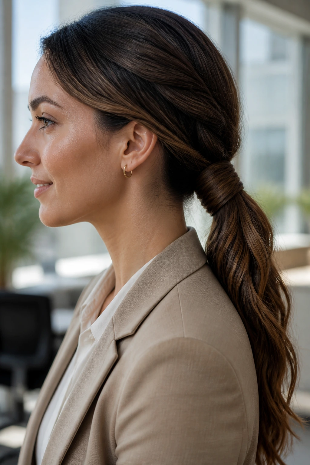 Close-up of a rope-braid ponytail on a real woman in an office setting