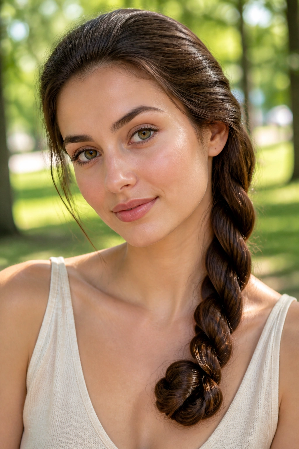 Close-up of a real woman wearing a rope braid over one shoulder in park light