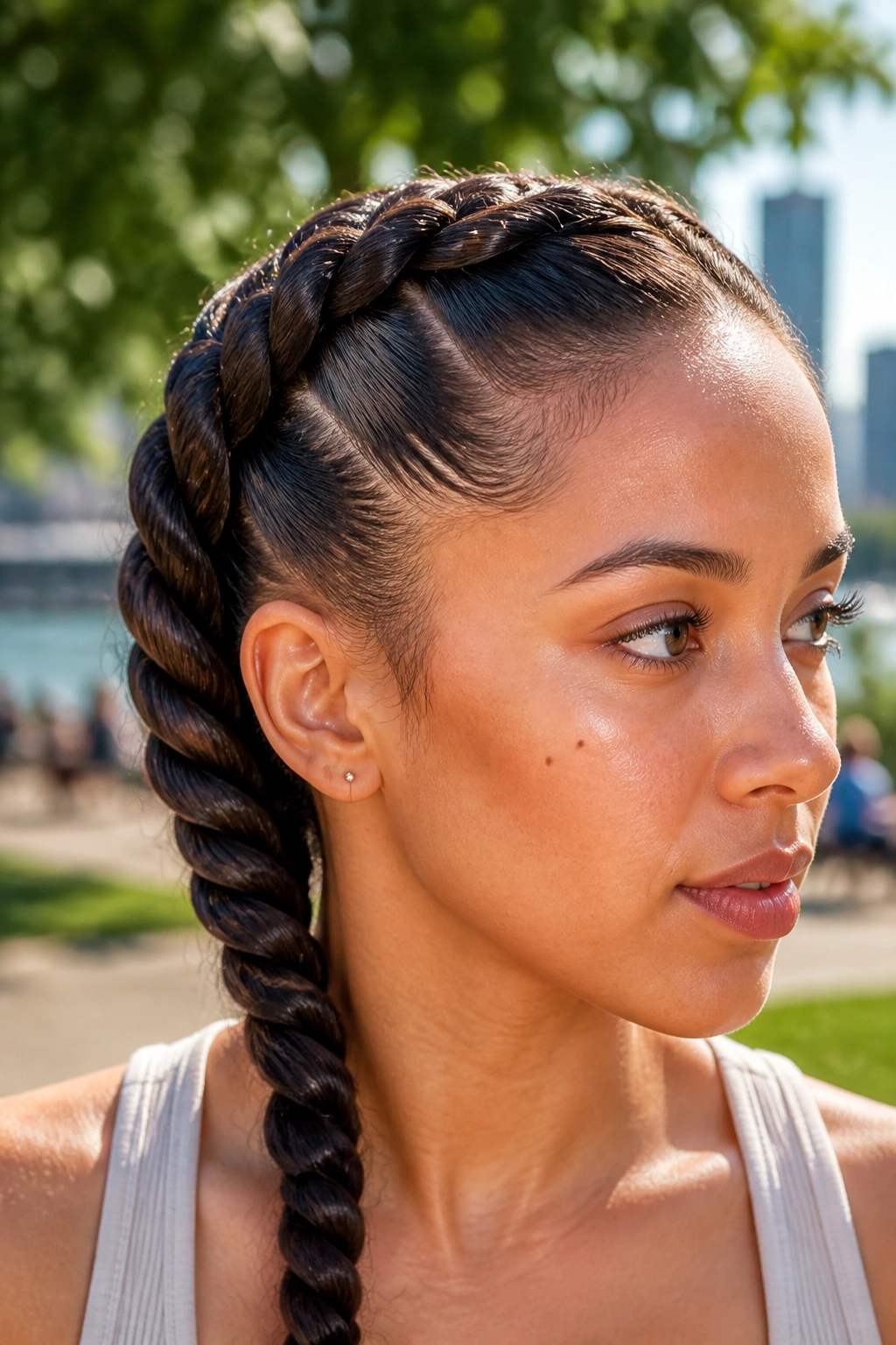 Close-up of real woman's head with a rope braid twist