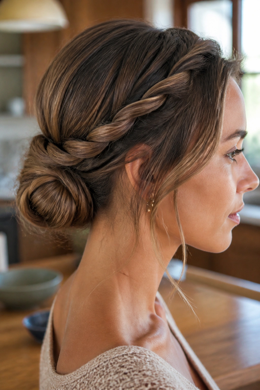 Close-up of a real woman with a rope-braid wrap into a low bun