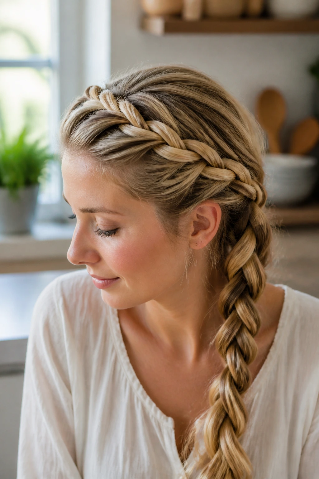 Close-up portrait of a real woman with a rope-twist side braid along the head