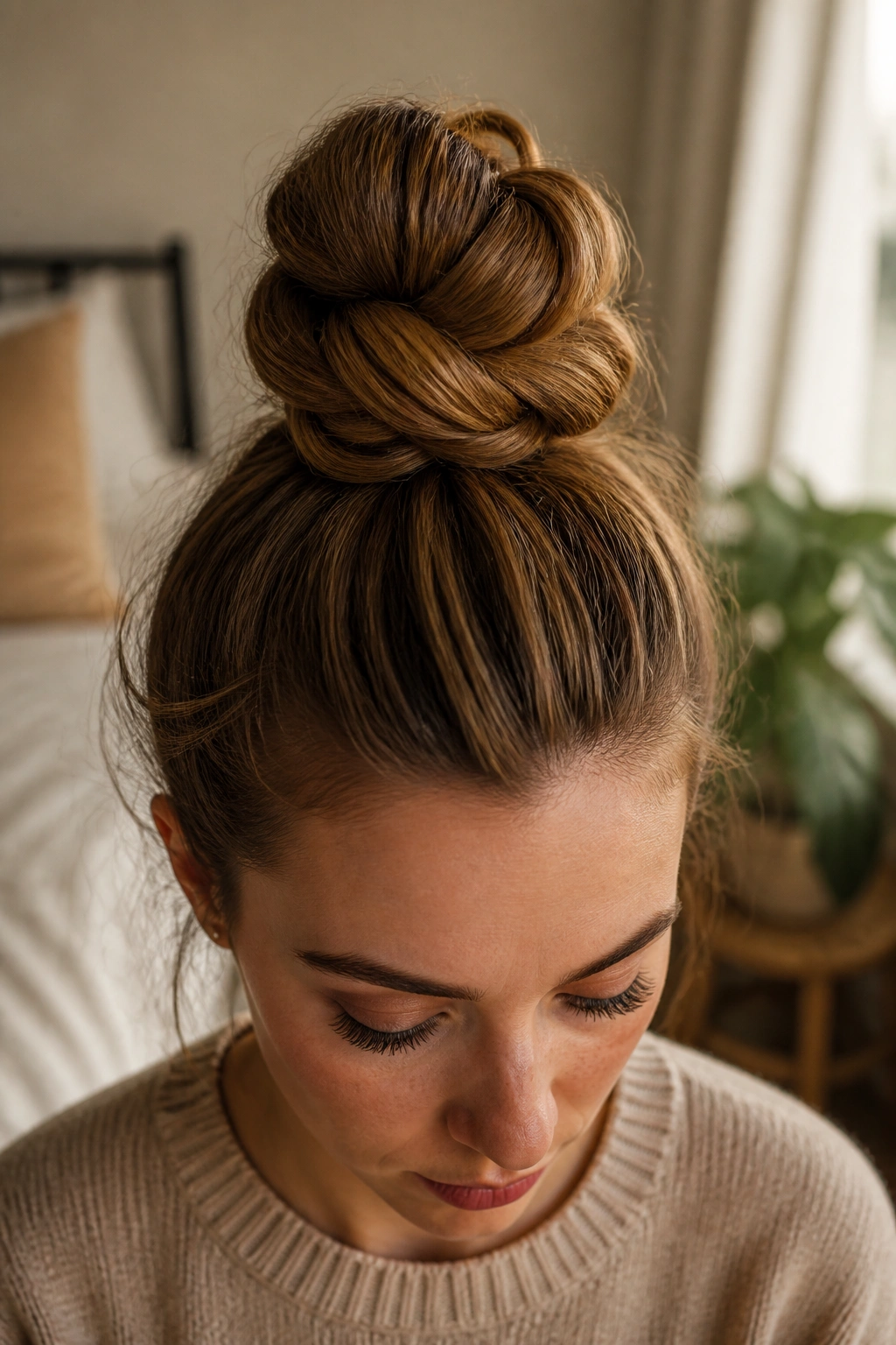 Close-up portrait of a real woman with a rope-twist top knot filling the frame in warm window light