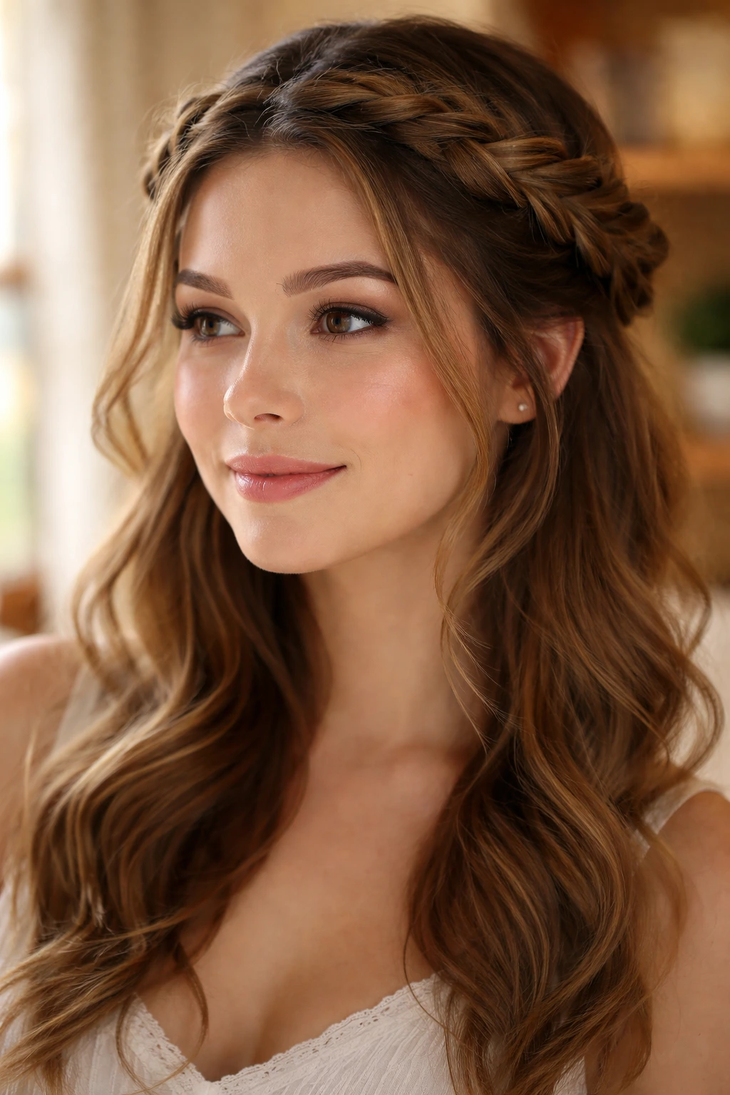 Close-up of a woman wearing a Bohemian rope twist crown in a sunlit bedroom