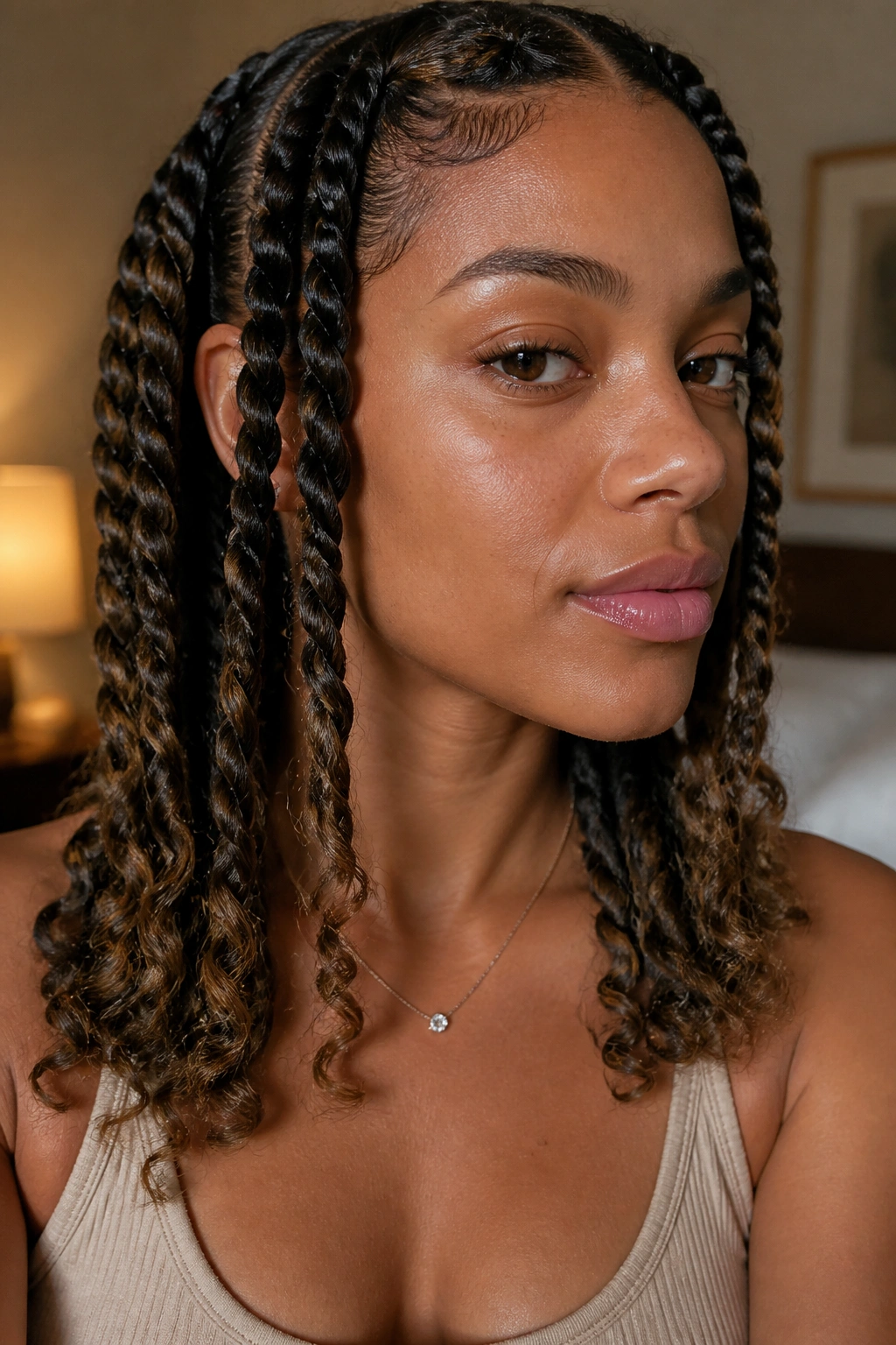 Close-up of rope-twist hairstyles on a real person showing stretched curls
