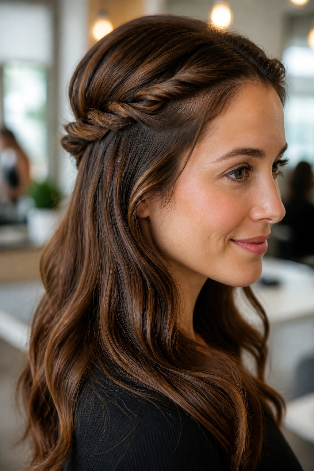 Close-up portrait of a real woman with rope twists at the sides and a back wrap in a half-up hairstyle