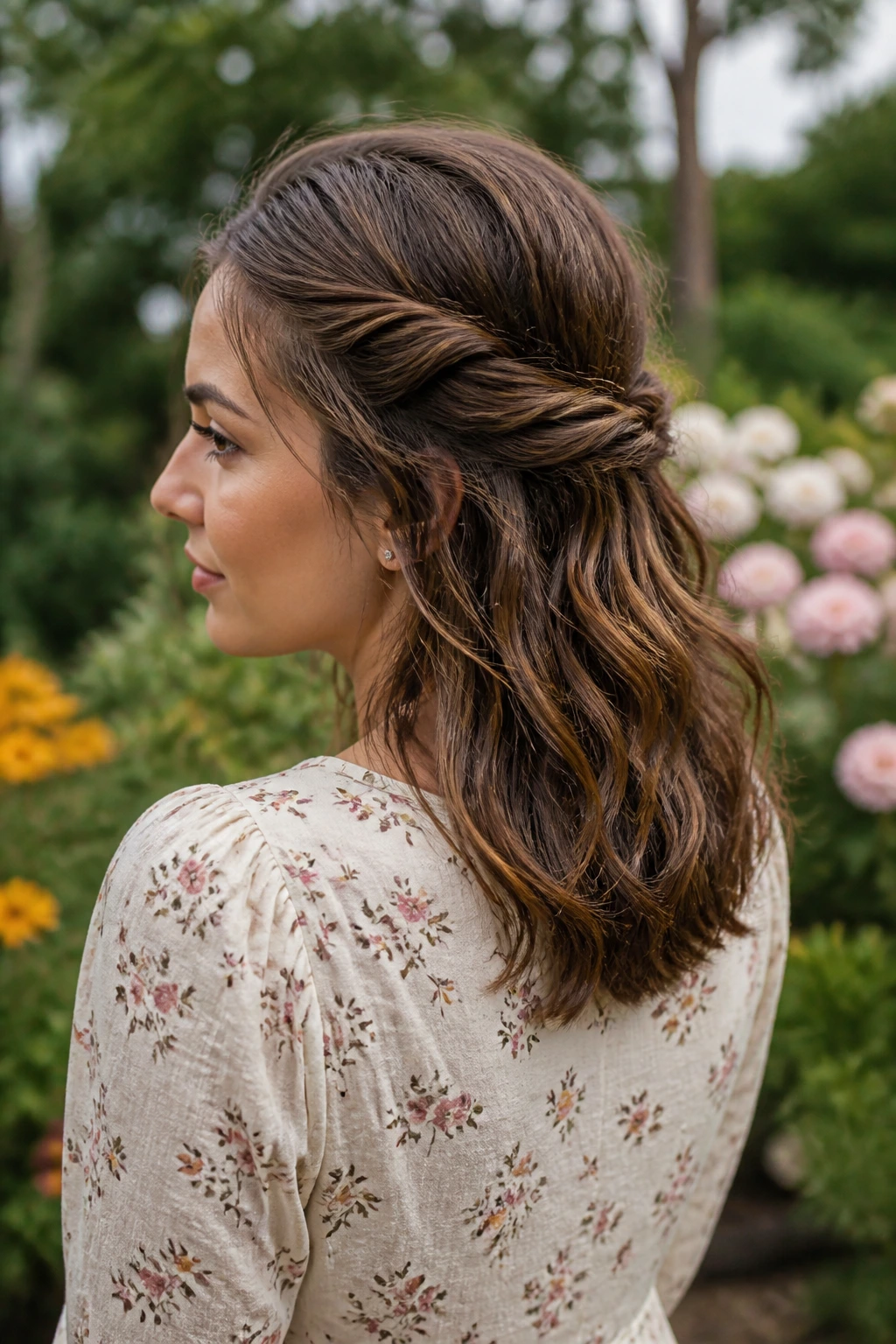 Portrait of a woman with rope-twist half-up hairstyle outdoors