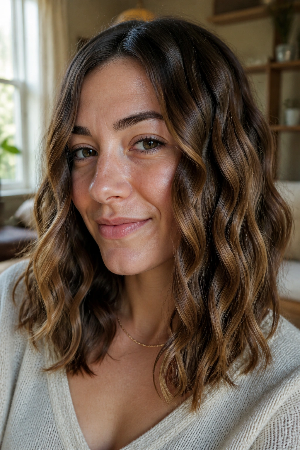 Real woman with rope-twist heatless waves on medium-length hair in cozy morning light