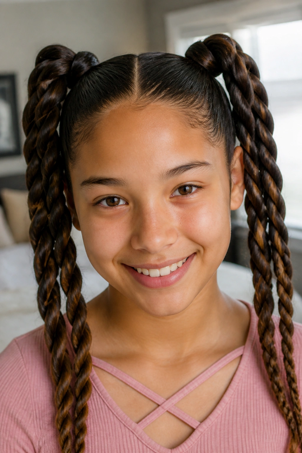 Close-up of a real girl with rope-twist high pigtails in a sunlit bedroom
