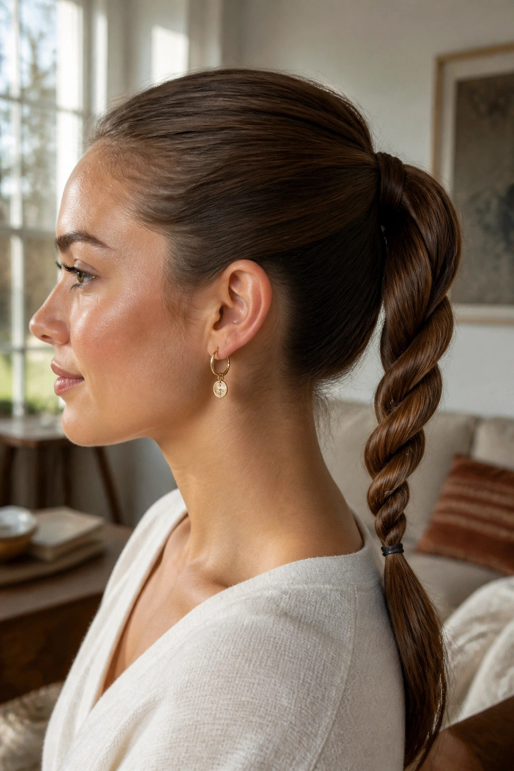 Portrait of a real woman with a rope-twist ponytail showing intertwined strands and a neat finish.
