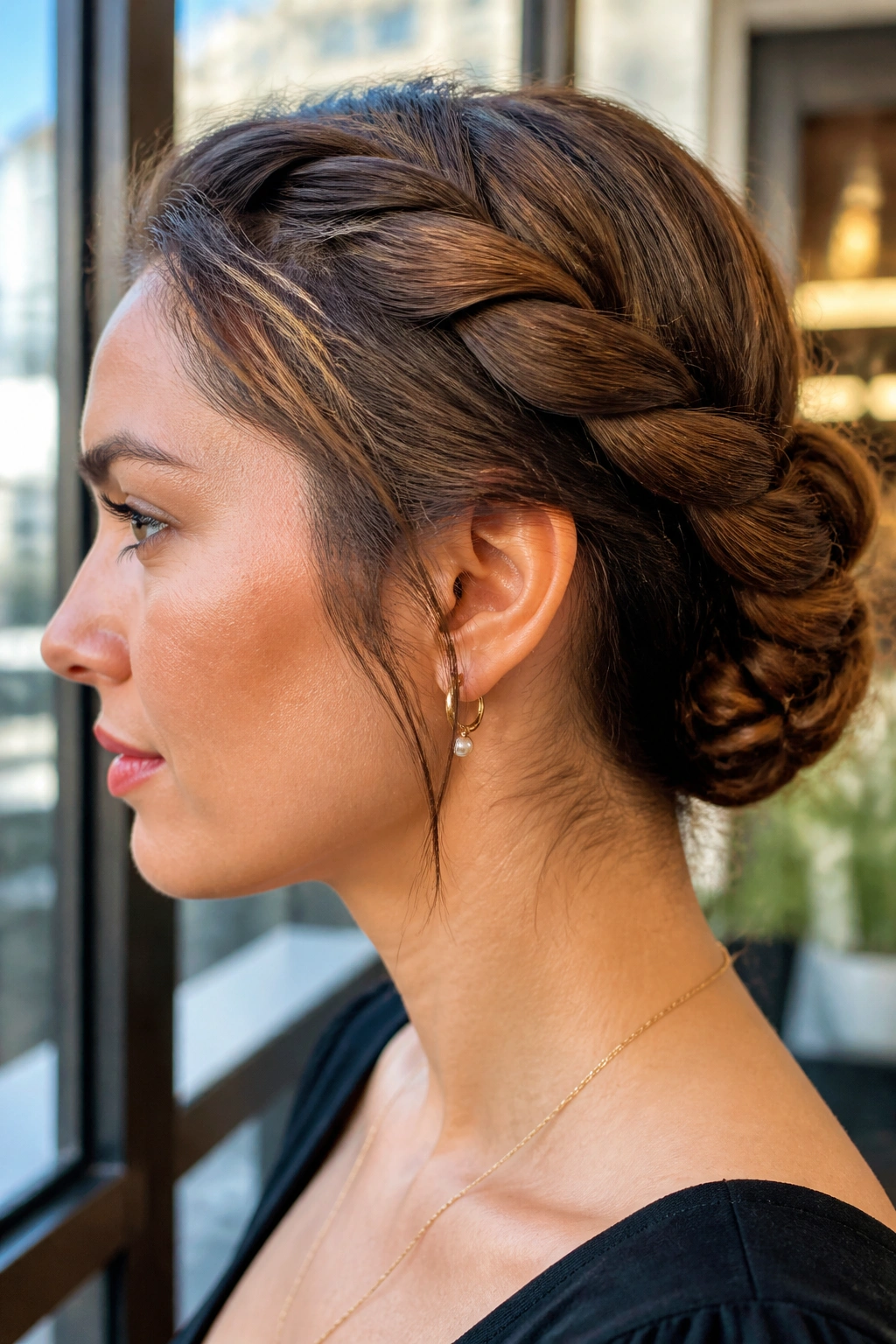 Close-up of a woman with rope-twist updo for bob-length hair