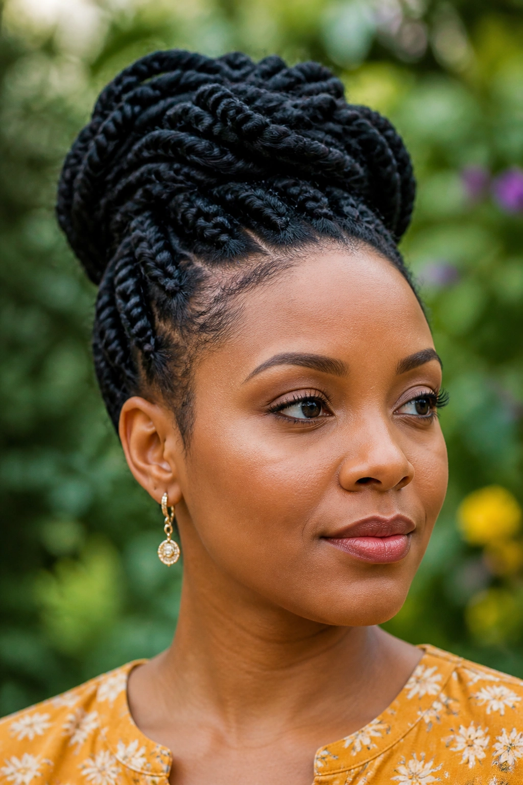 Close-up of a woman with rope-twist updo and crown volume in natural light.