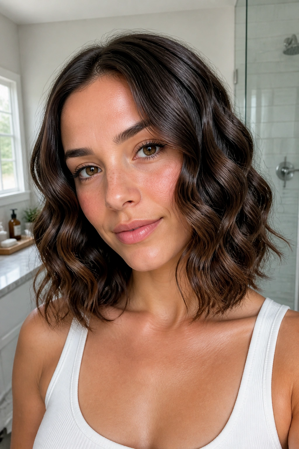 Real woman with rope twist waves on medium-length hair in bright bathroom