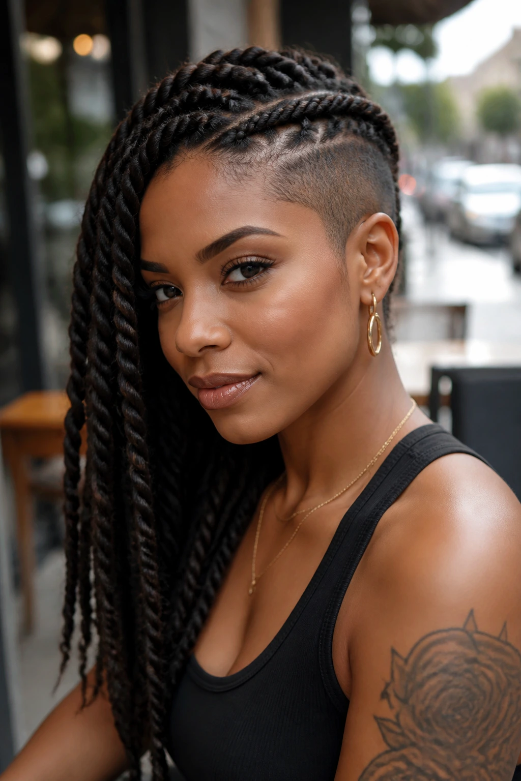 Portrait of a real woman with rope twists and braids with a side fade