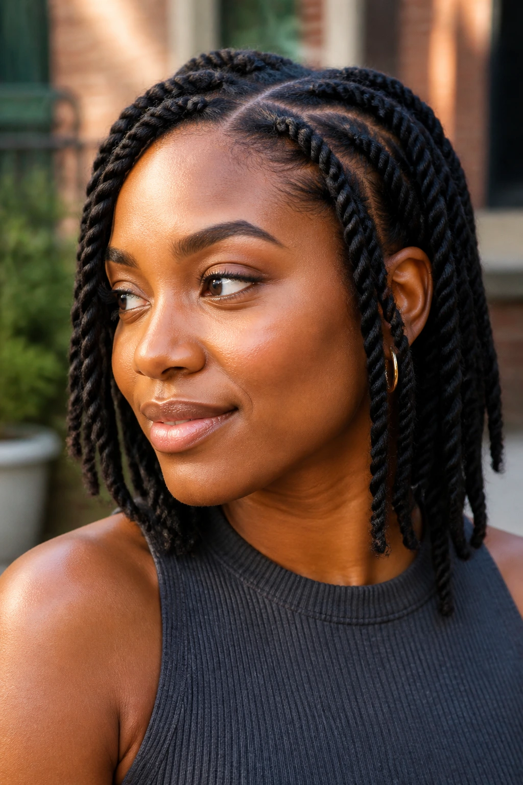 Close-up portrait of a real woman with rope twists in an urban courtyard