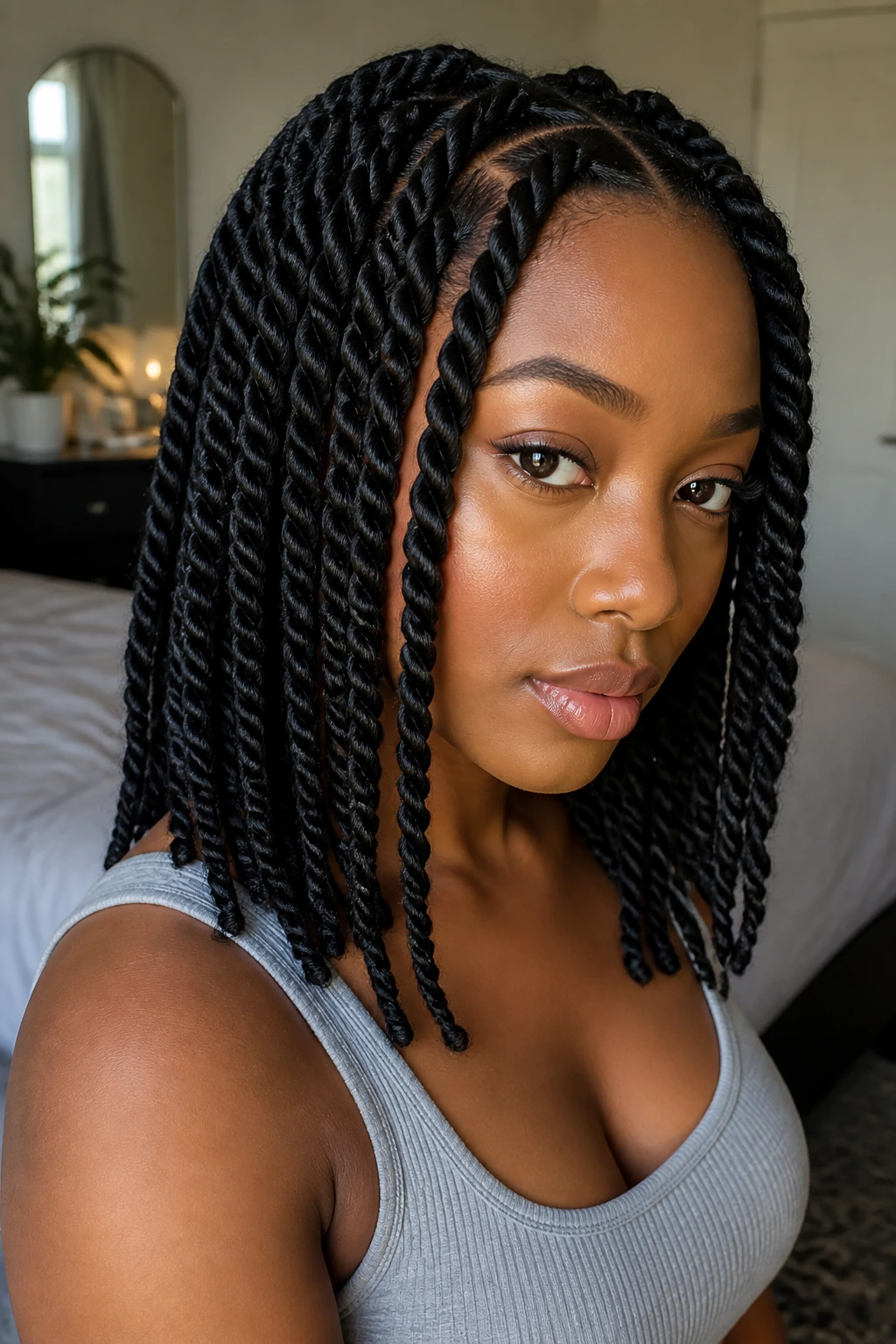 Close-up portrait of a real woman with Rope Twists in warm bedroom light