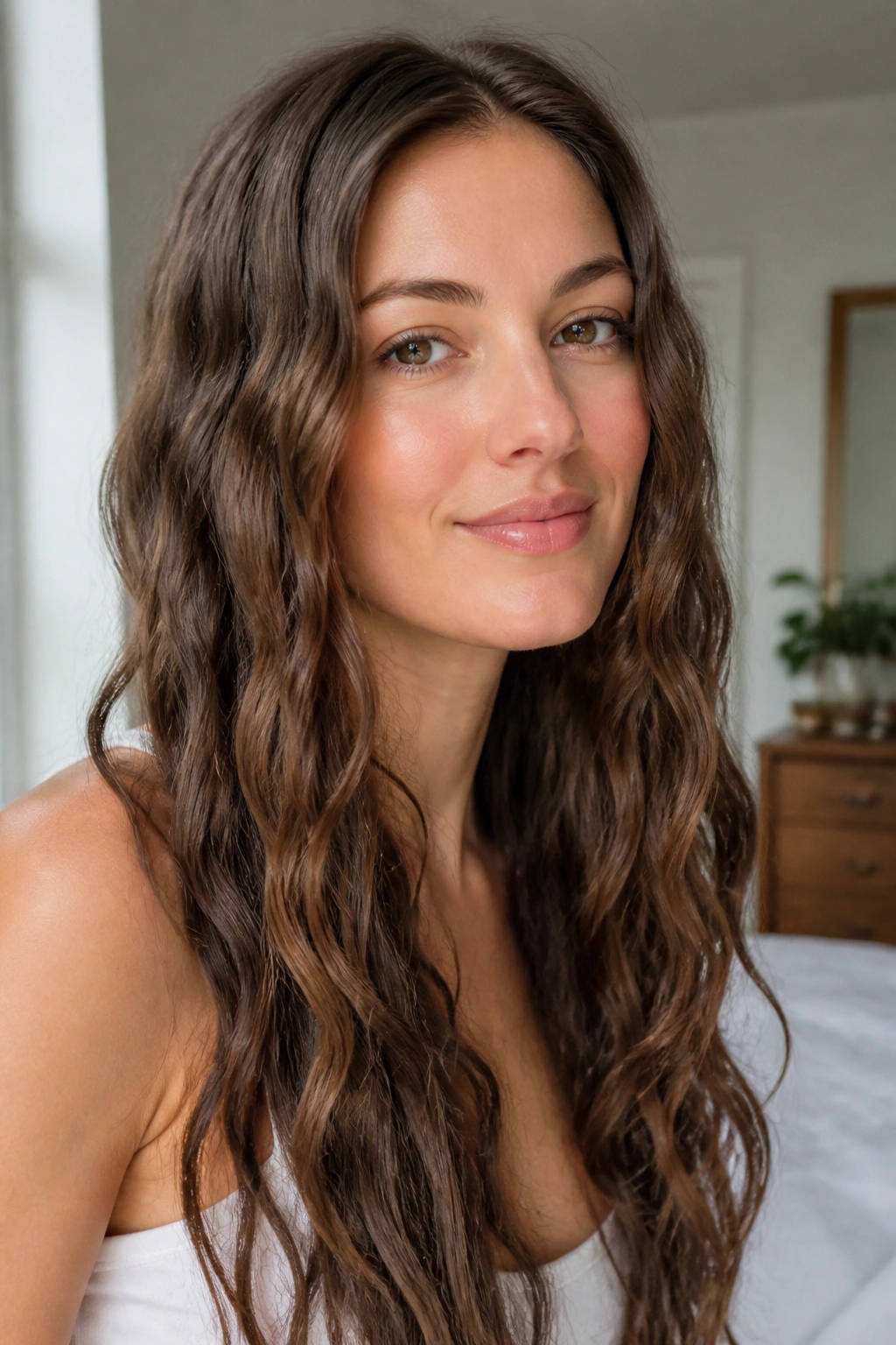 Close-up of a real woman with heatless rope waves, cozy bedroom lighting.