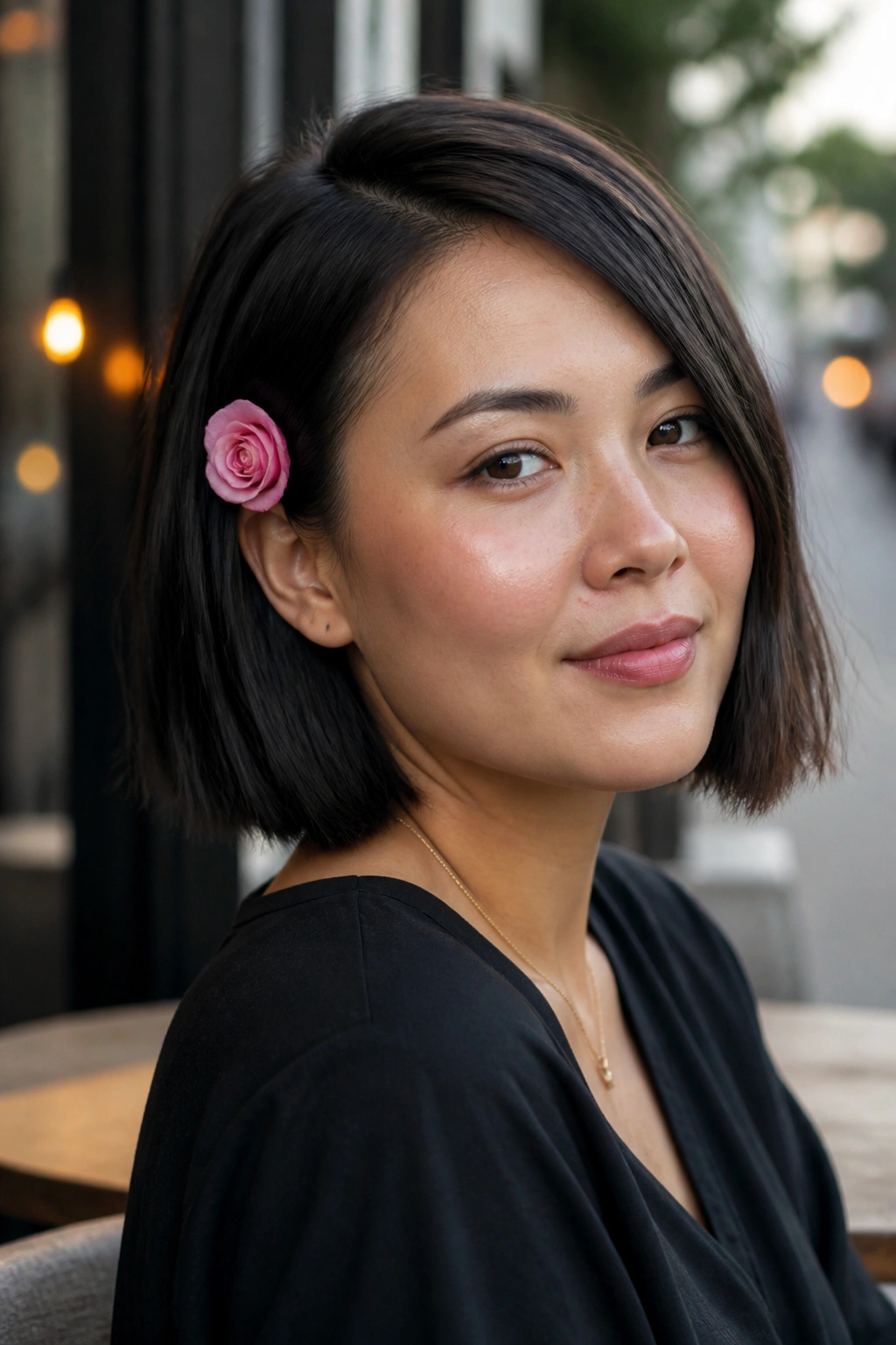 Close-up of a woman with a rose accent on a lob or bob at the temple
