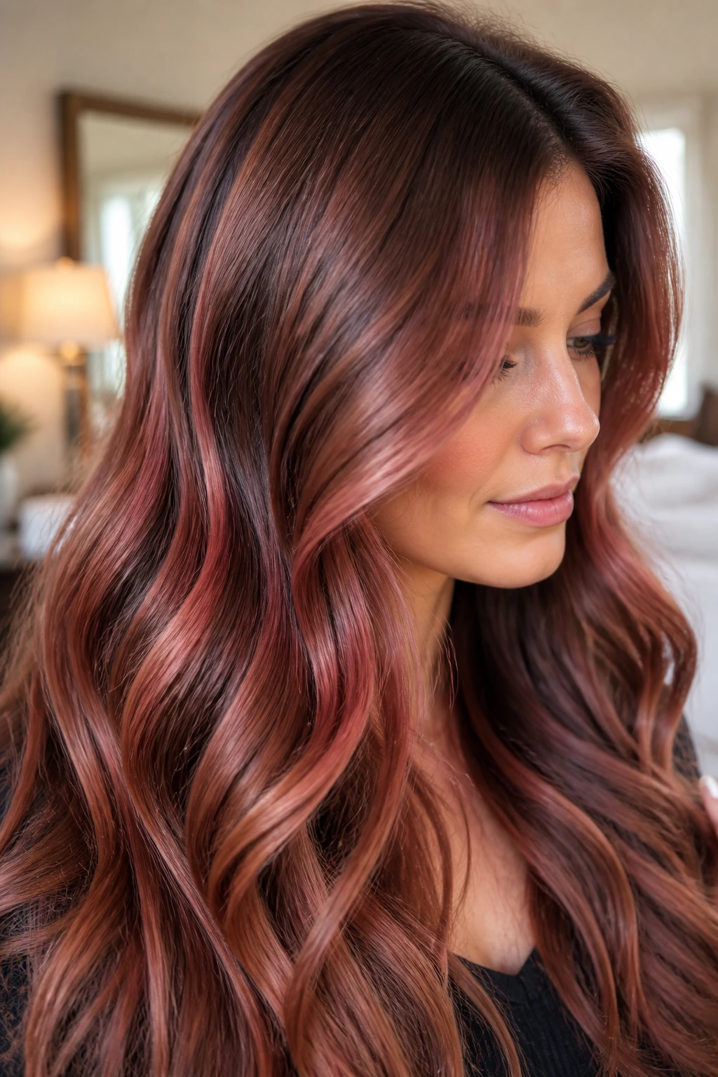 Close-up of brunette with glossy rose-auburn balayage