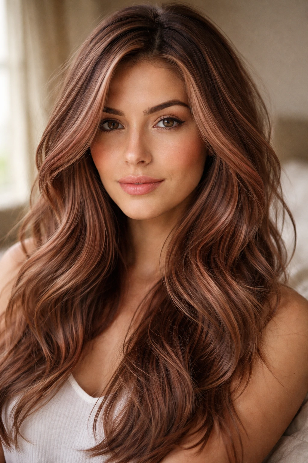 Close-up portrait of a real woman with rose-auburn highlights in brown hair by a sunlit window