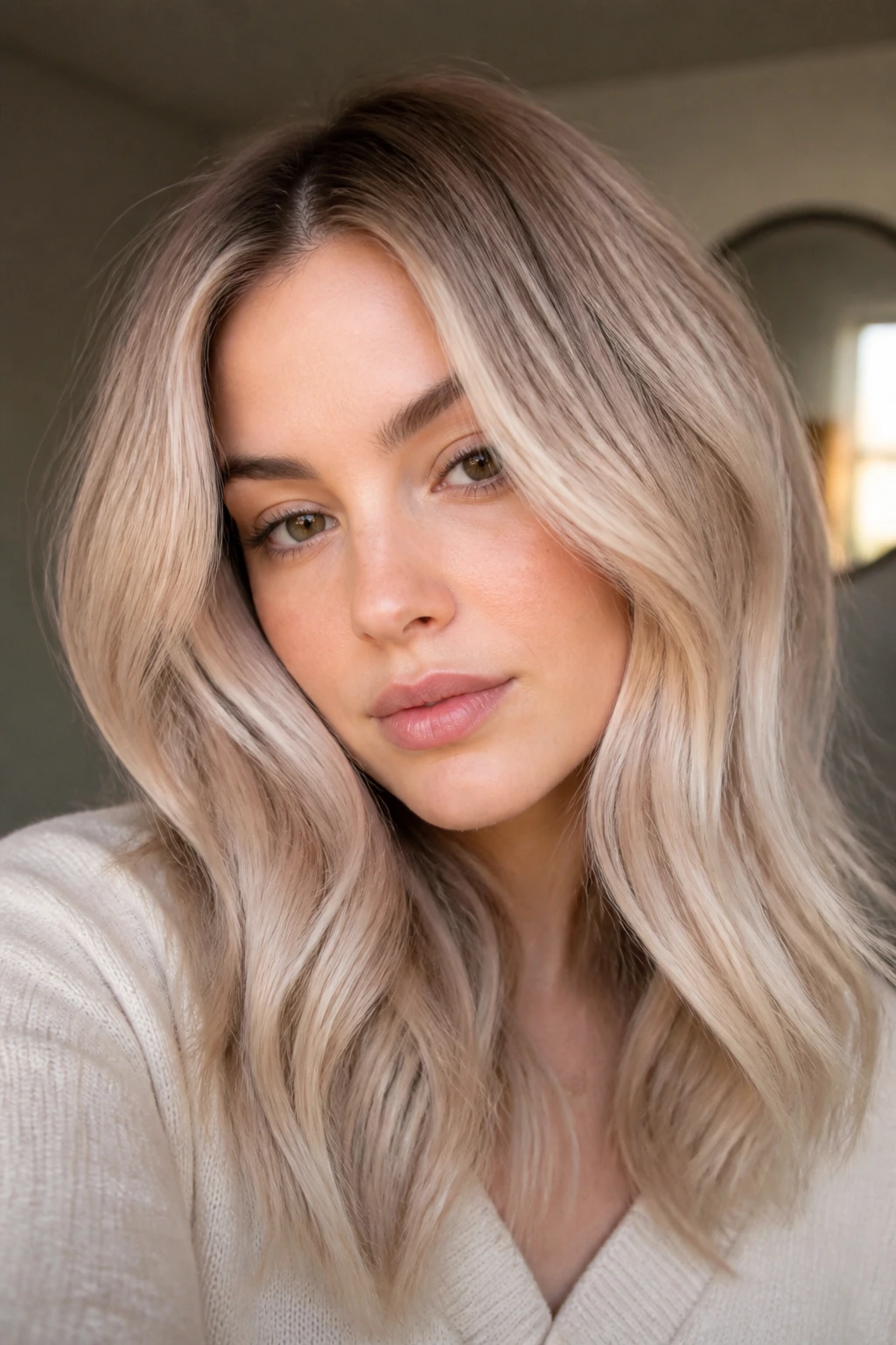 Close-up of a real woman with rose beige blonde and a soft low-contrast root
