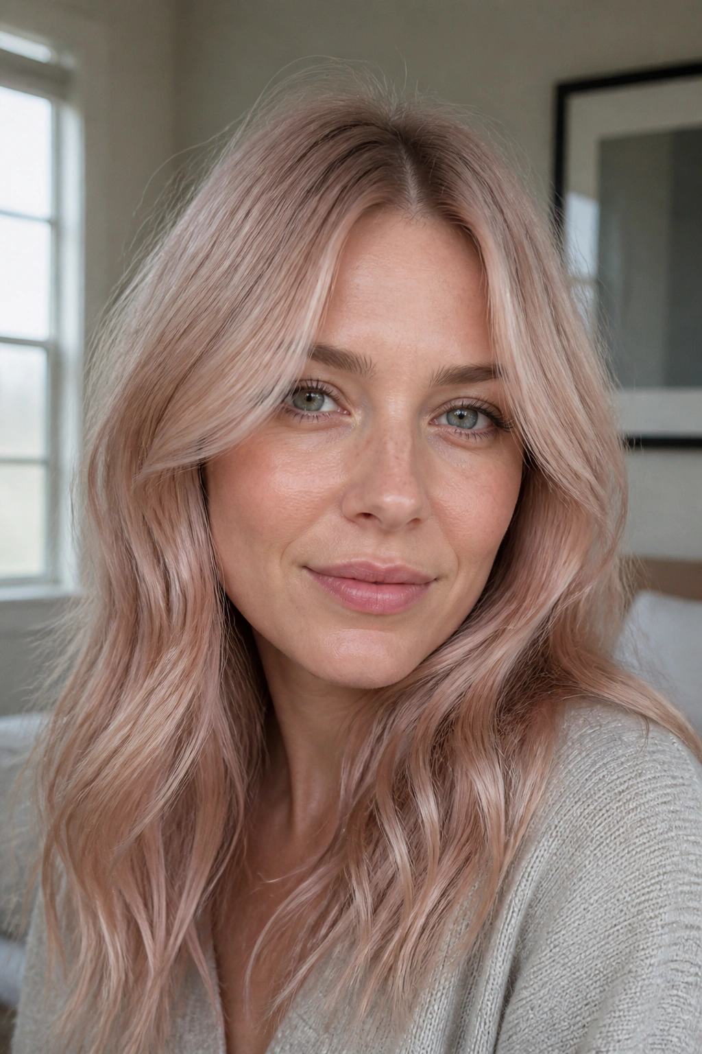 Close-up portrait of a real person with pale beige rose blonde hair in soft, natural light.