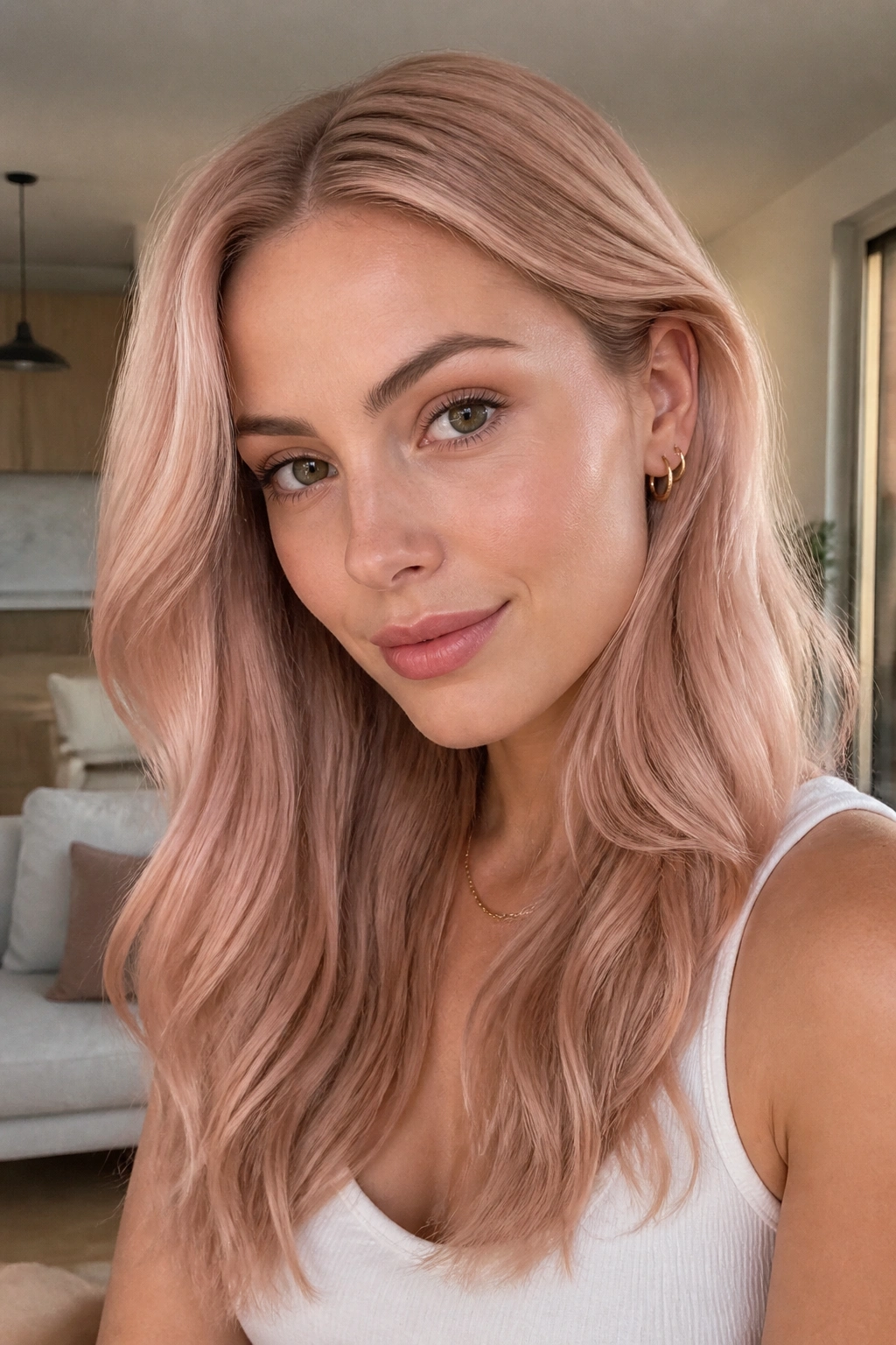 Close-up portrait of a real woman with rose beige blonde hair in a chic apartment