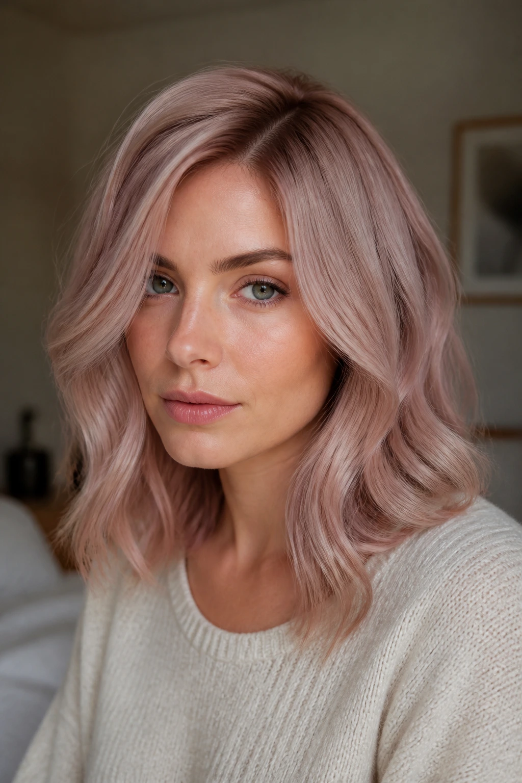 Close-up portrait of a real woman with rose-beige blonde in a dusty finish under soft window light