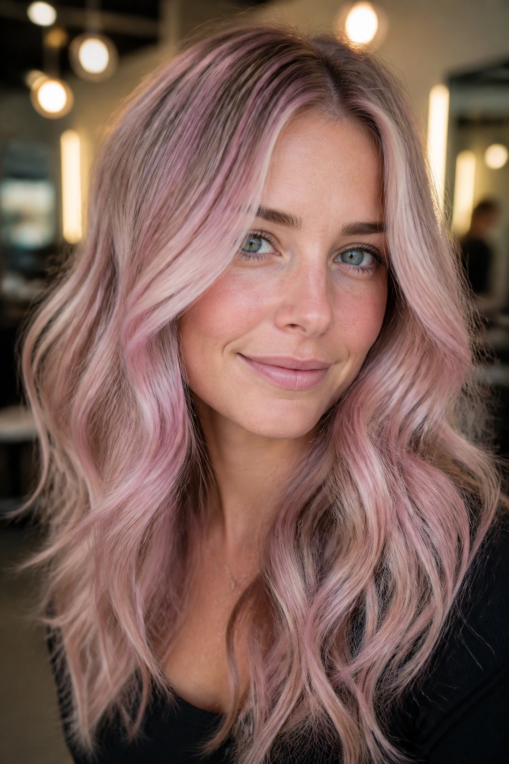 Close-up portrait of a real person showing cotton candy pink rose highlights on an ash blonde base, soft waves.