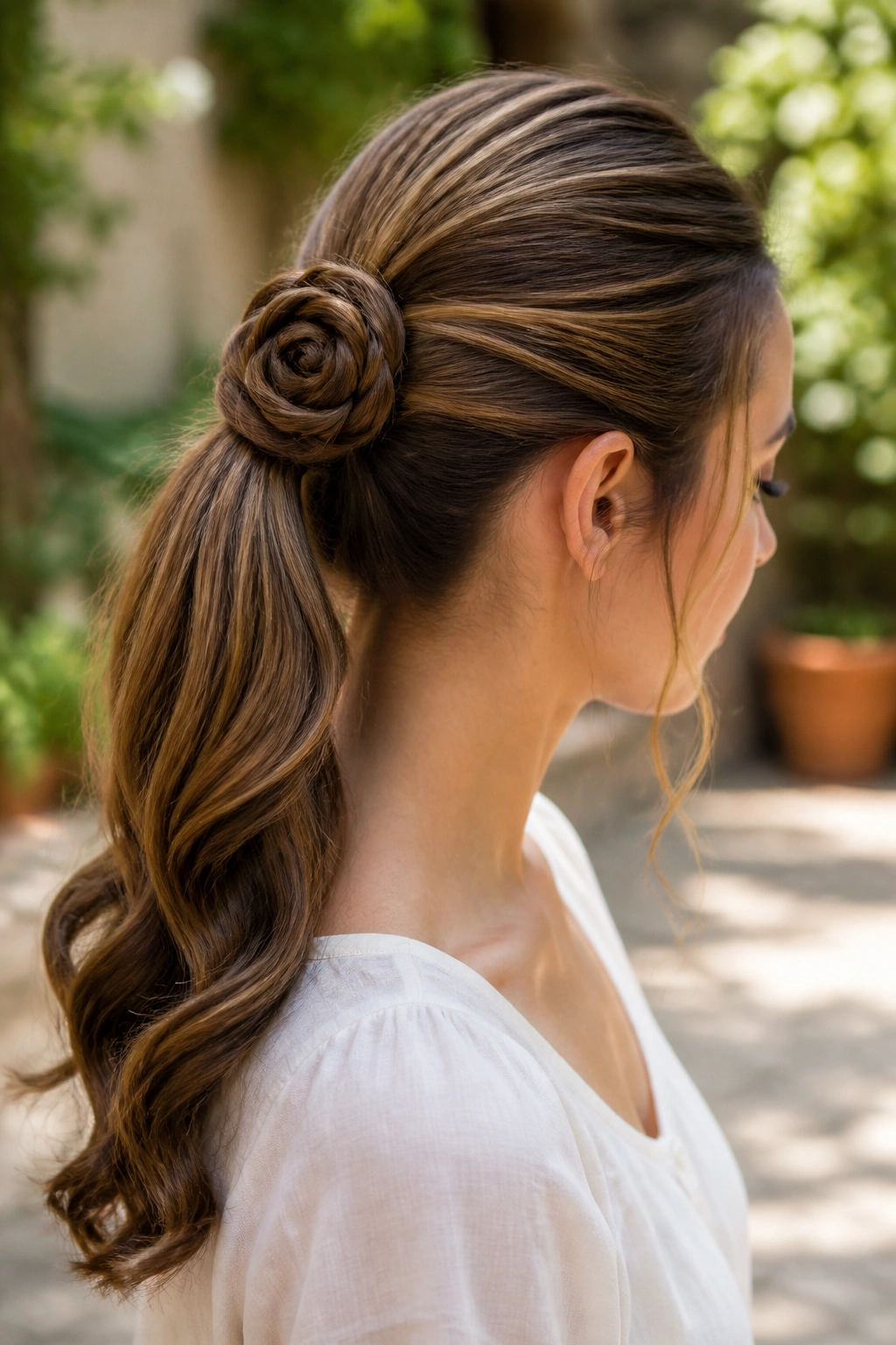 Medium close-up of a real person with a rose braid ponytail in an outdoor courtyard