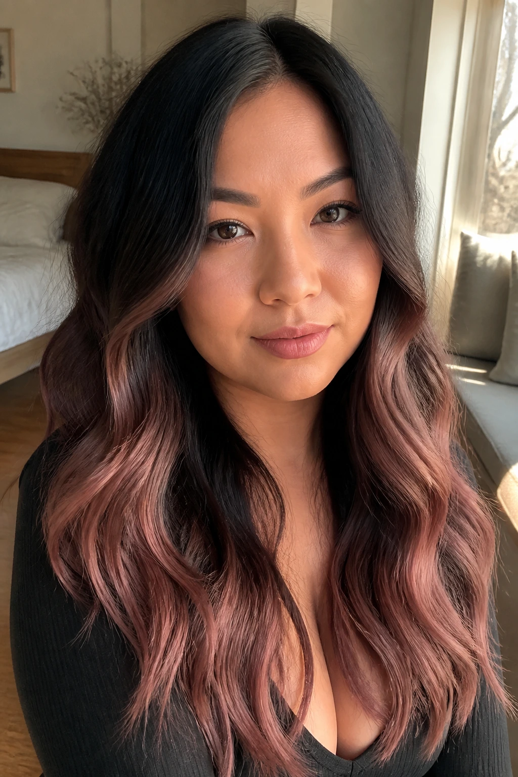 Portrait of a real woman with rose brown hair in loose waves.