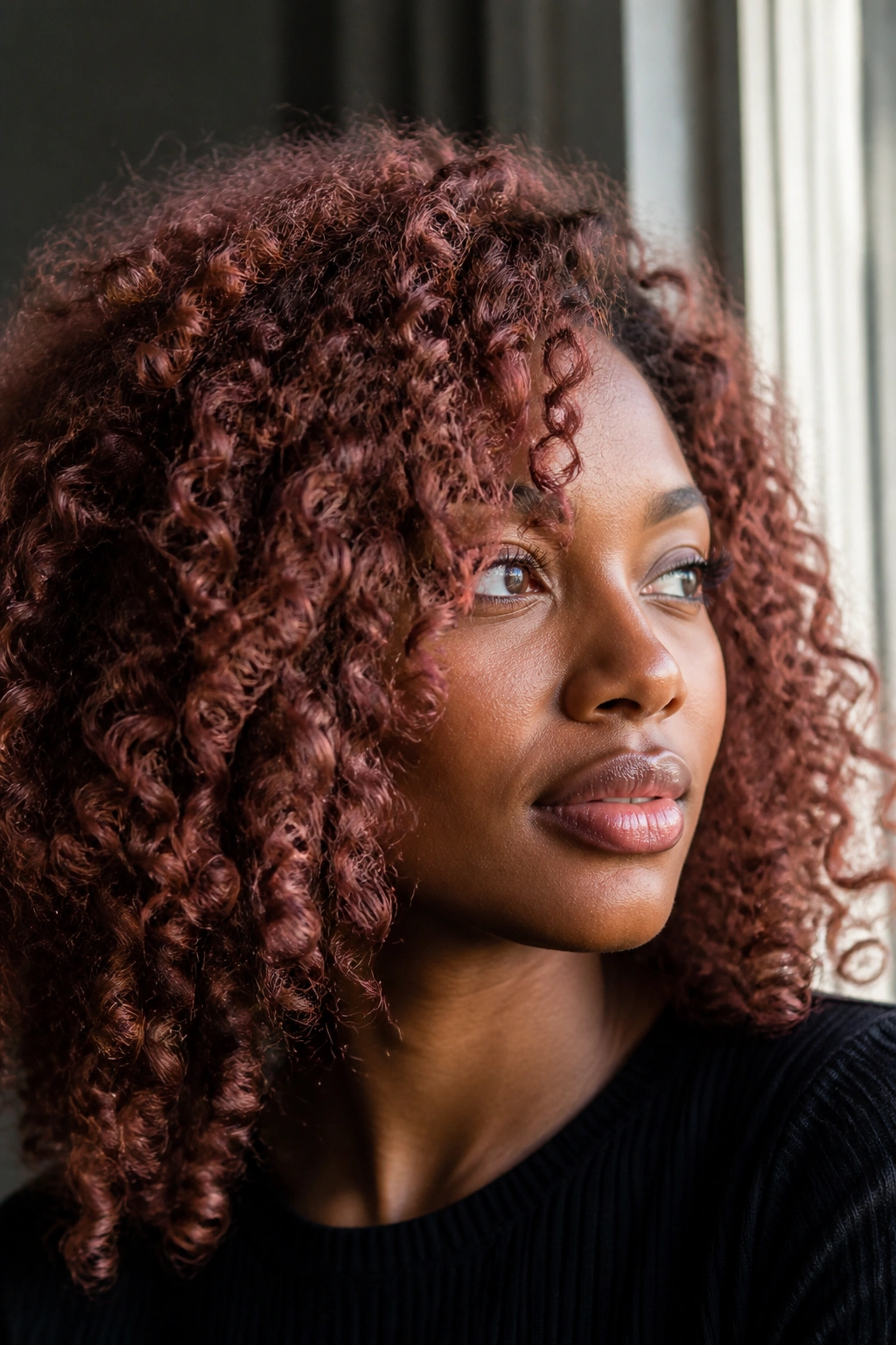 Close-up of a person with rose brown hair under soft indoor light