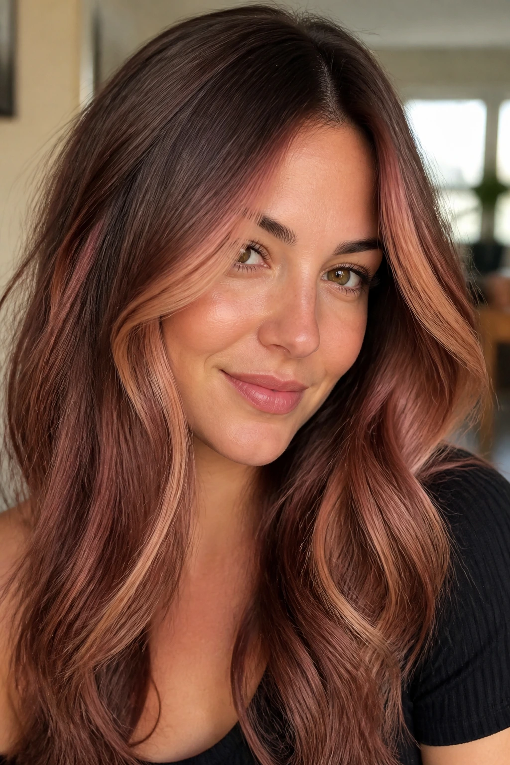 Close-up of a woman with rose brown and peachy caramel front highlights framing her face