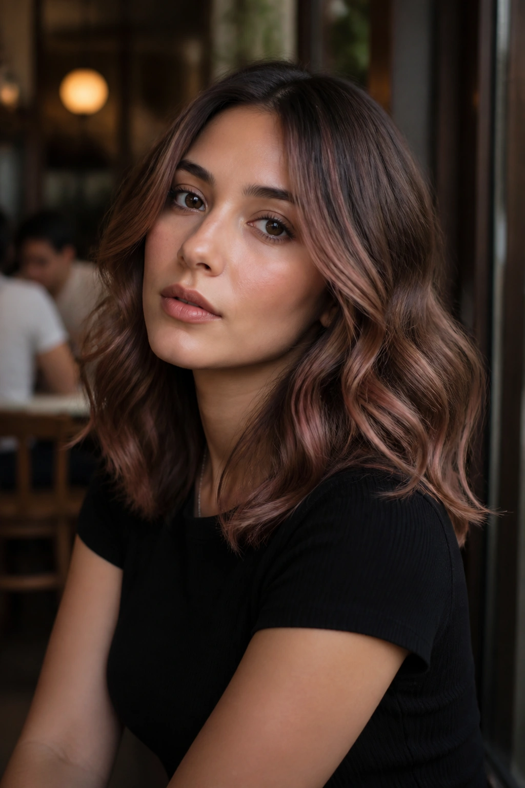 Close-up of a real woman with rose brown hair and smoky undertones in a cafe