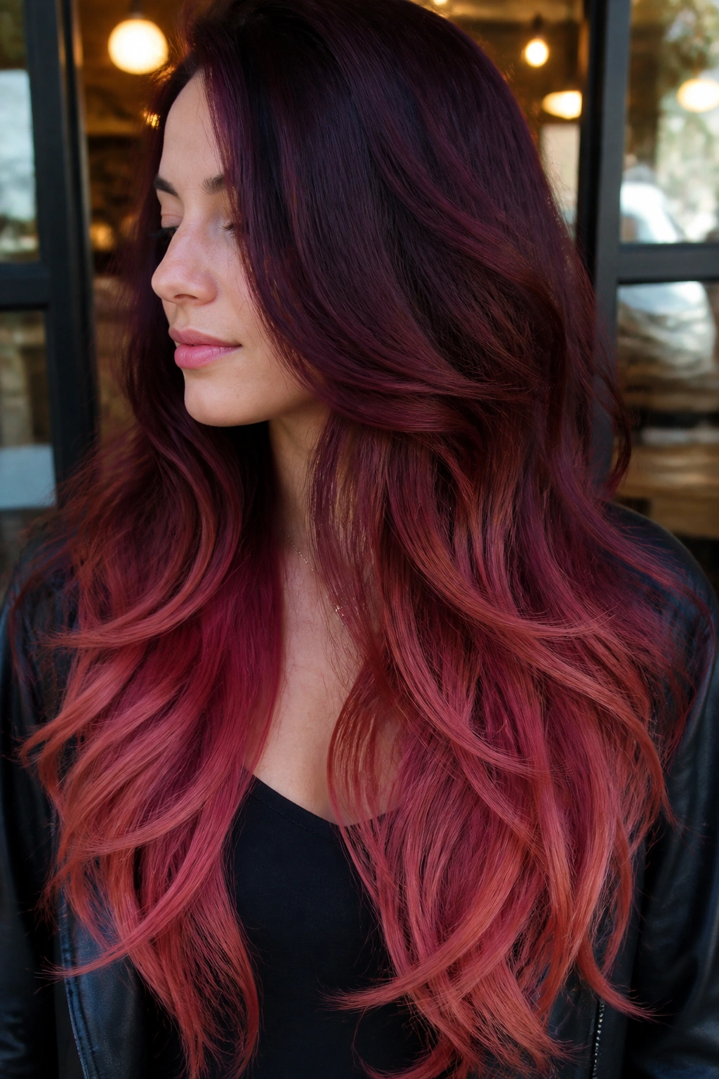Woman with rose-burgundy ombre on long layered hair