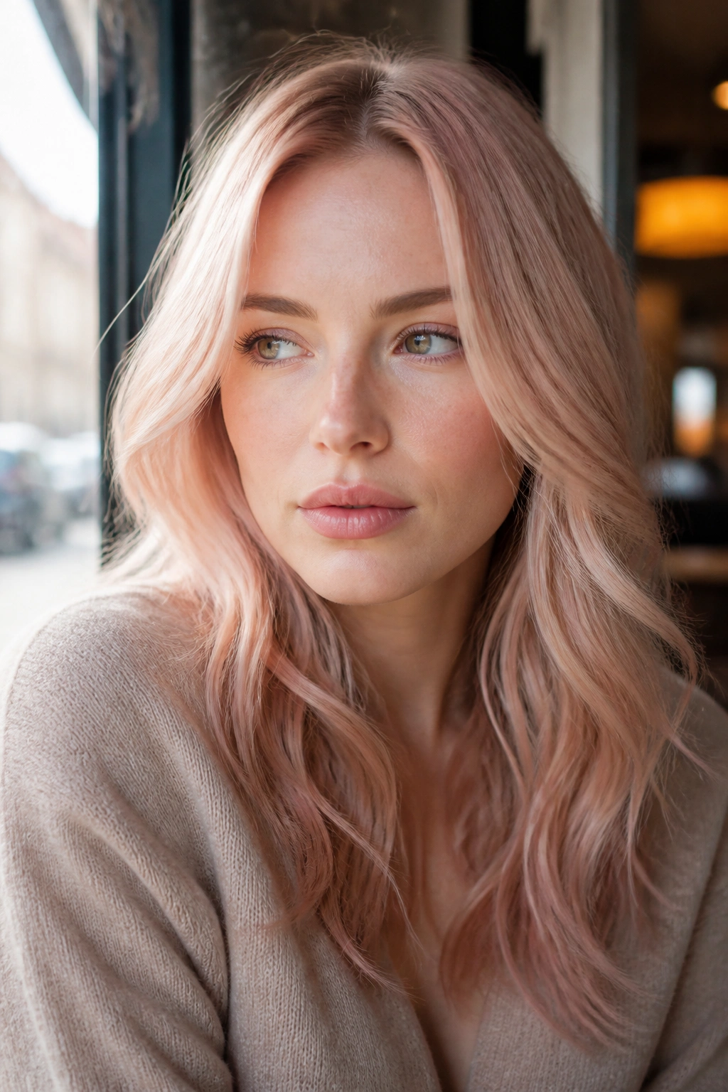 Portrait of a woman with rose champagne blonde hair near a sunlit cafe window