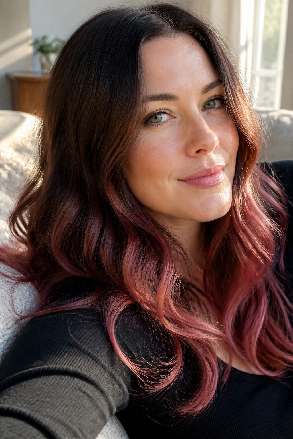 Close-up of a real woman with rose cherry ends on layered hair.