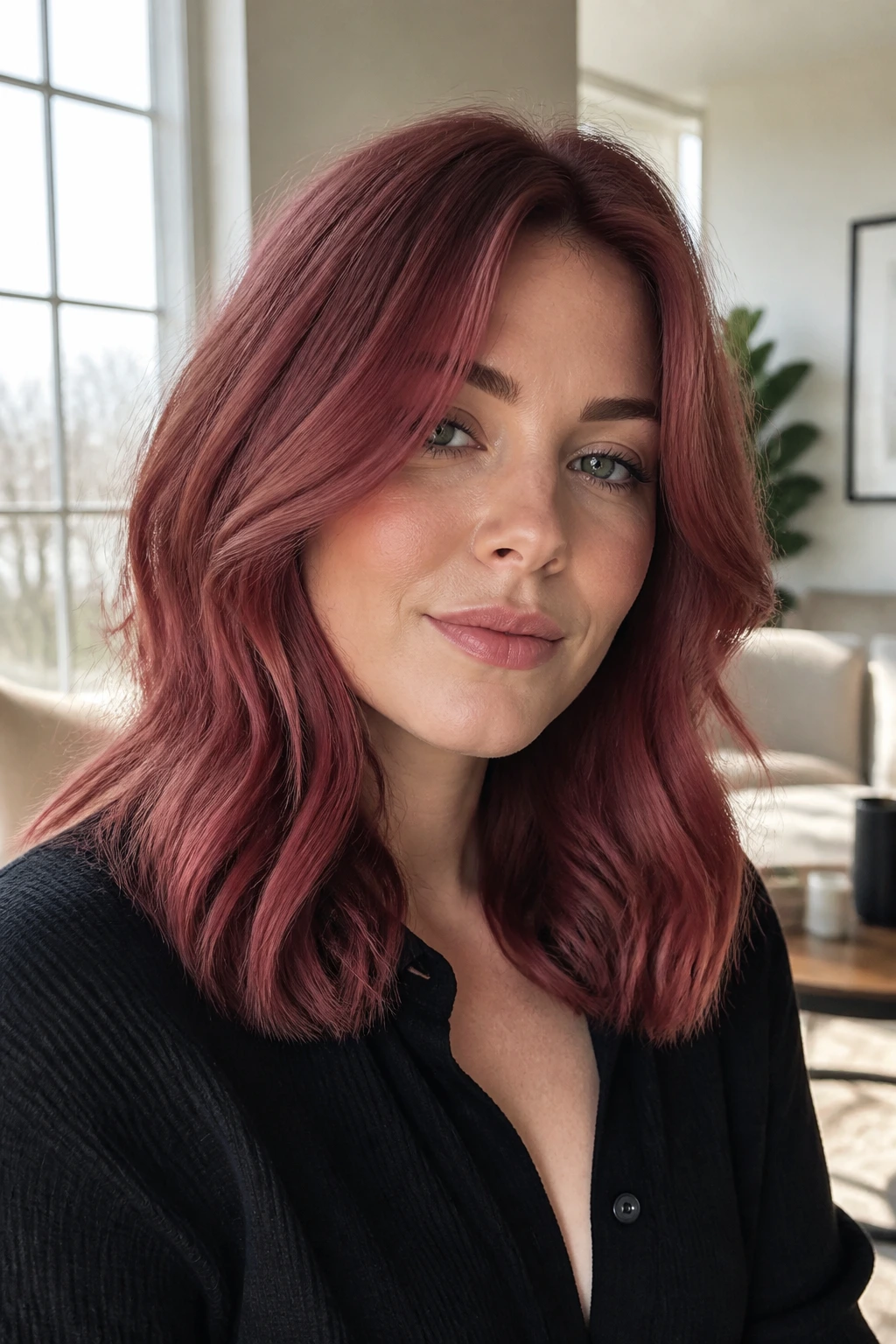 Real woman with rose-cherry midlengths hair on shoulders.